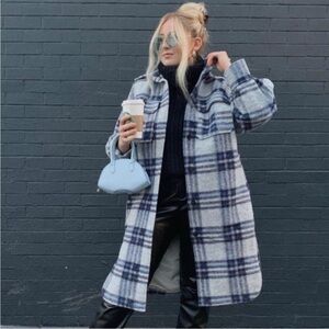 H&M Wool Blue Plaid Oversized Lined Button Collared Shacket Blogger Fav Size XXL